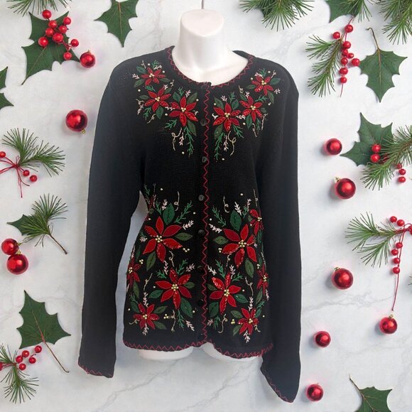 KIKIT Sweaters - Vintage 90's Christmas Cardigan | Poinsettia Sequin Sweater | Beaded | S/M